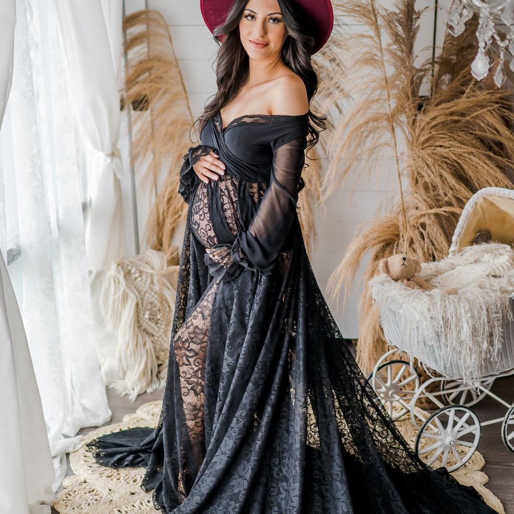 Black stretchy maternity lace gown
